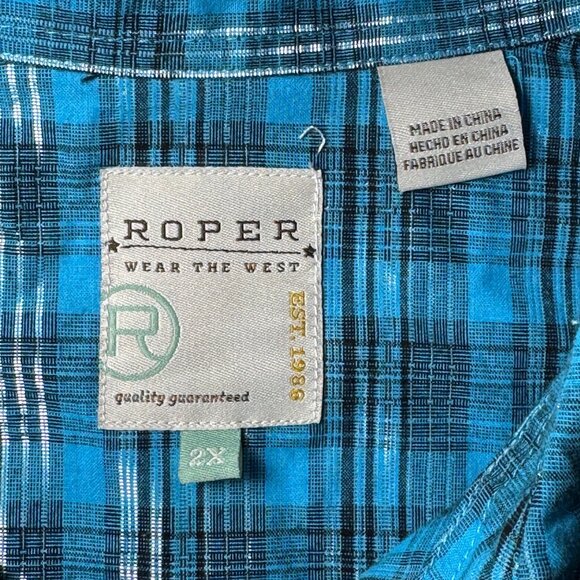 ROPER Pearl Snap Closure Blue Plaid Fitted Shirt - Picture 13 of 15